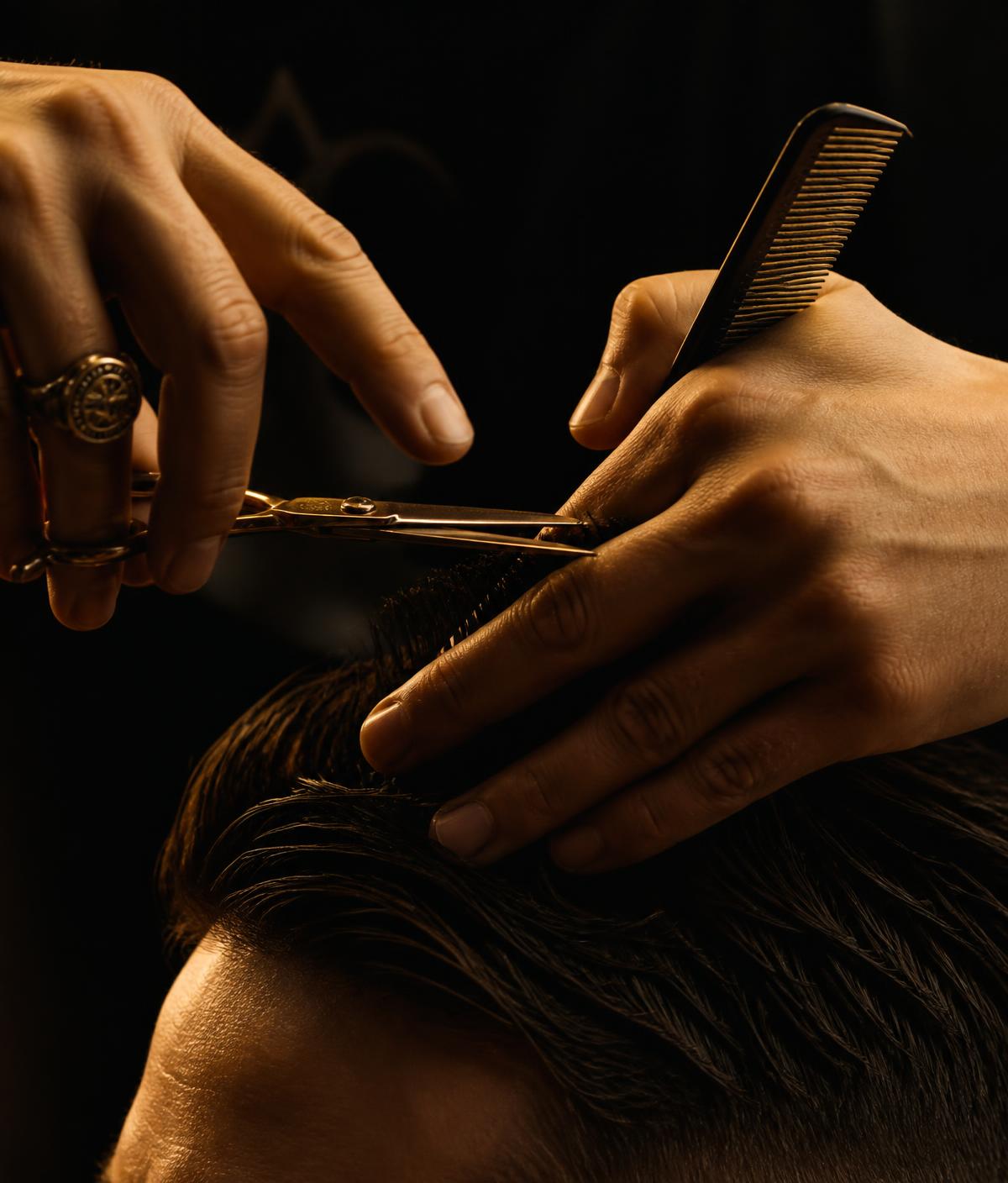 Barber klipper hår med saks og kam i varmt lys